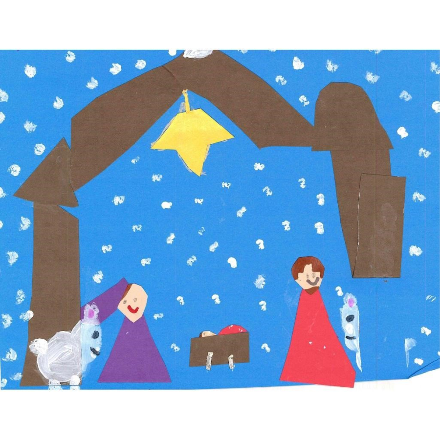 A manger scene made of construction paper