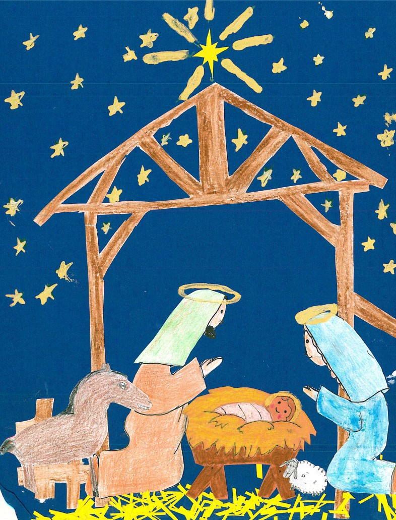 A manger scene made of construction paper 